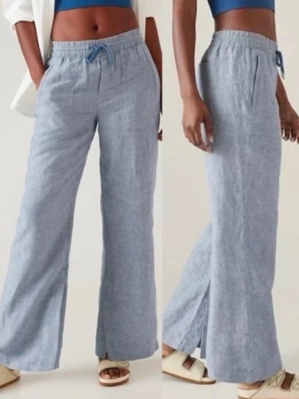 Athleta Retreat 100% Linen Wide Leg Pants Blue Coastal Drawstring Relaxed Fit